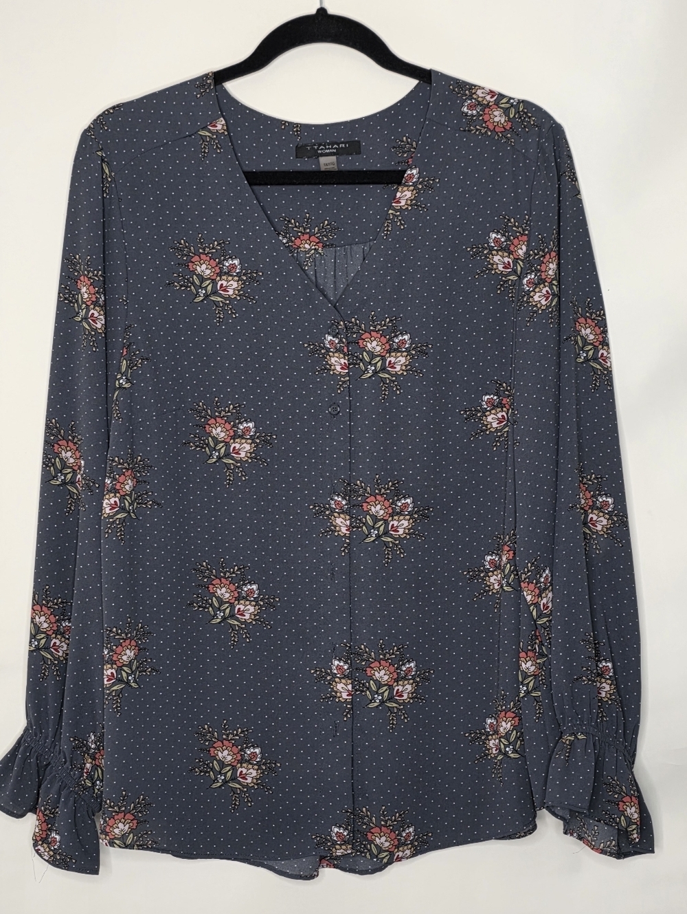 Tahari Woman‎ Floral Dot Print Top Size 1X Long Sleeve Lightweight Shirt Spring